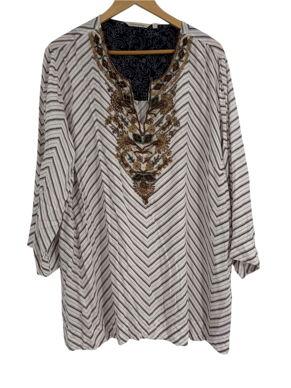 Soft Surroundings Women's Chevron Beaded Top 3/4 Sleeve Tunic Size 2X Blue Pink